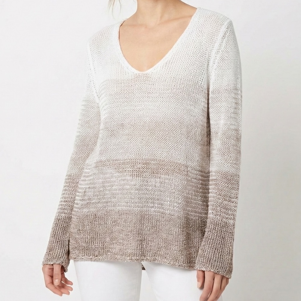 Piazza Sempione Sweater Open Knit Ombre Gradient White Brown V Neck Top It 46 Lg